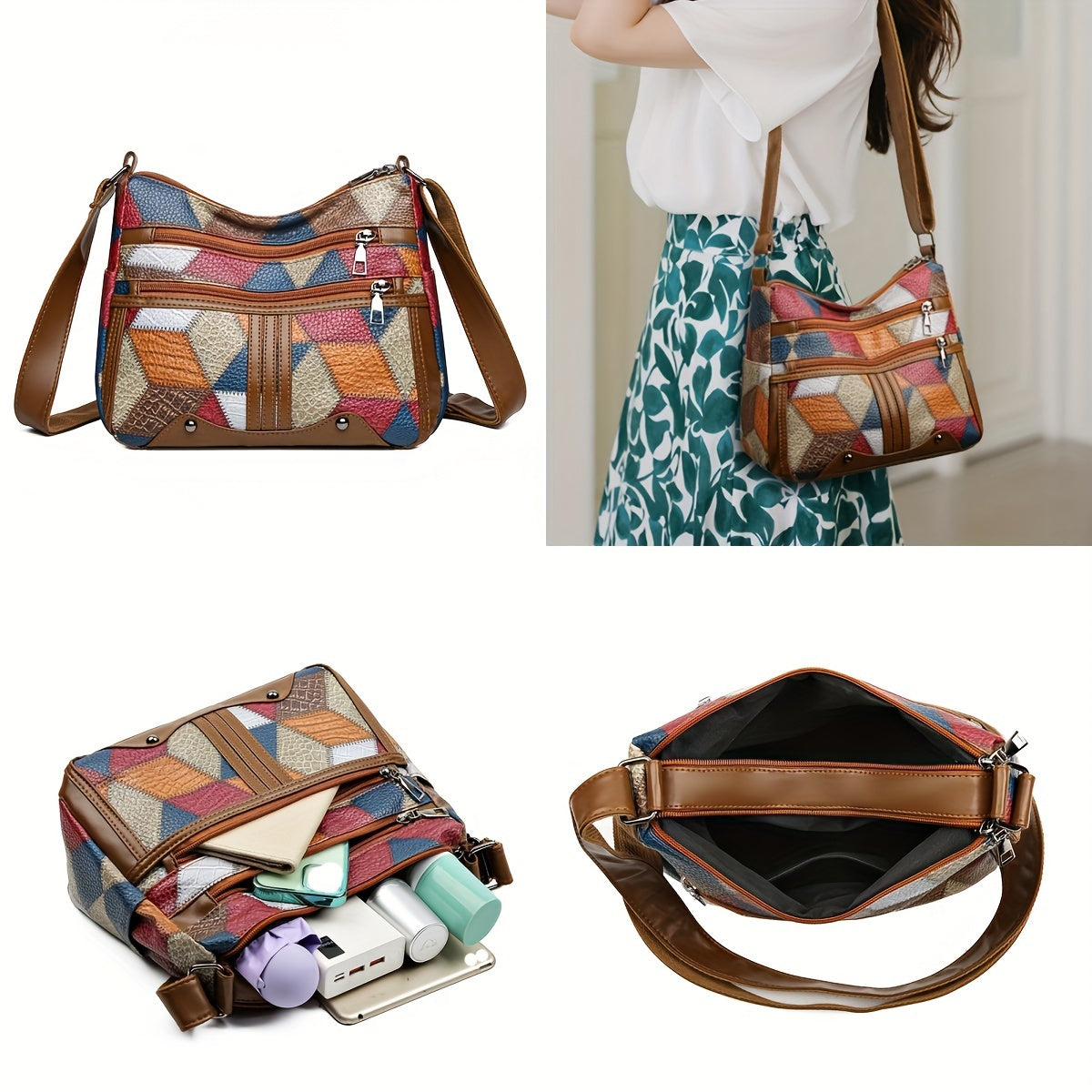 Stylish large-capacity messenger bag, elegant shoulder bag with 3D pattern, color matching handbag suitable for daily commuting