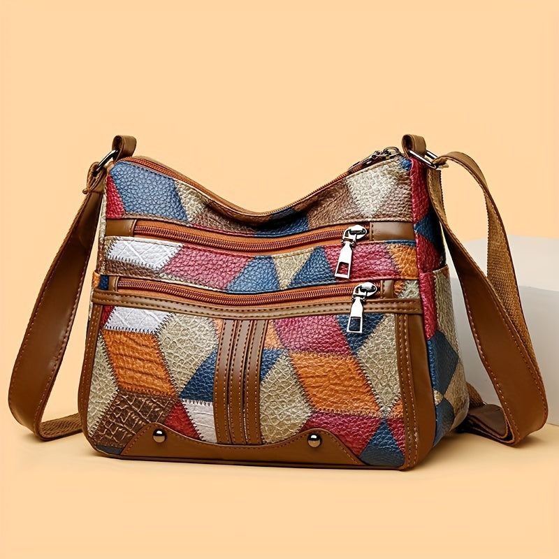 Stylish large-capacity messenger bag, elegant shoulder bag with 3D pattern, color matching handbag suitable for daily commuting