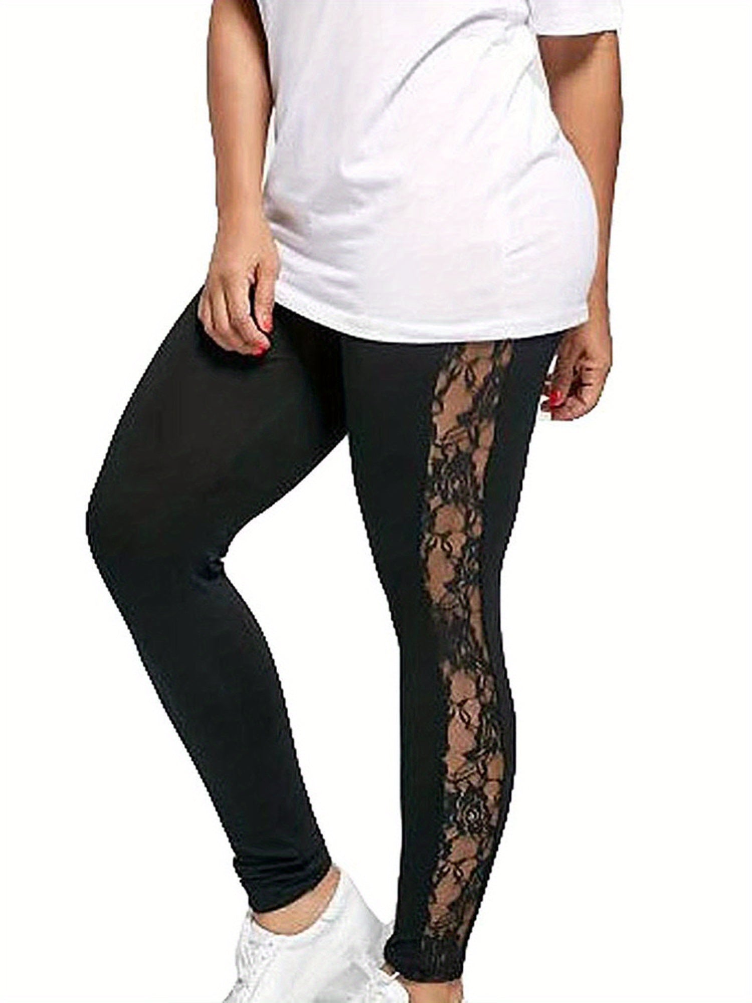 Plus Size Female Holllow Off Lace Leggings, Sexy High Waist Bandage Pants for Indoor or Outdoor Sports