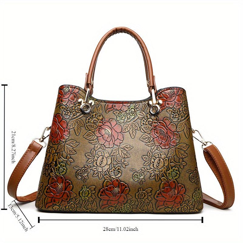 Vintage Flower Pattern Handbag, Luxury Leather Tote Bag, Fashion Crossbody Bag For Women