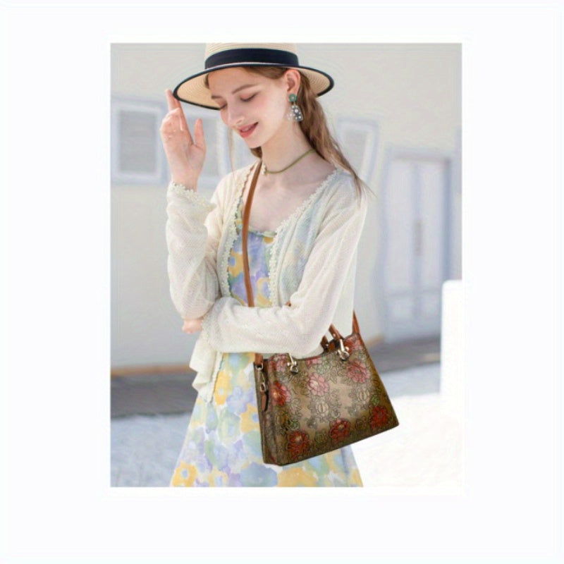 Vintage Flower Pattern Handbag, Luxury Leather Tote Bag, Fashion Crossbody Bag For Women