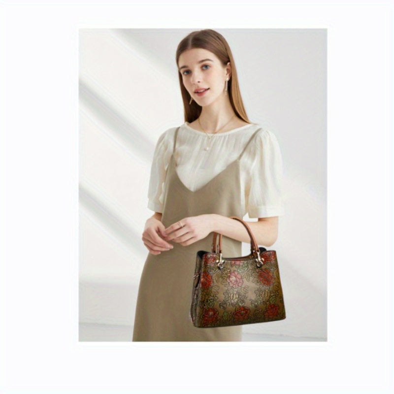 Vintage Flower Pattern Handbag, Luxury Leather Tote Bag, Fashion Crossbody Bag For Women