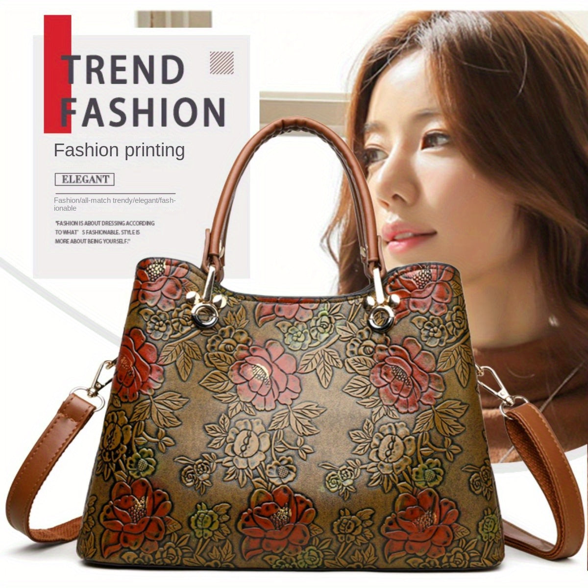 Vintage Flower Pattern Handbag, Luxury Leather Tote Bag, Fashion Crossbody Bag For Women