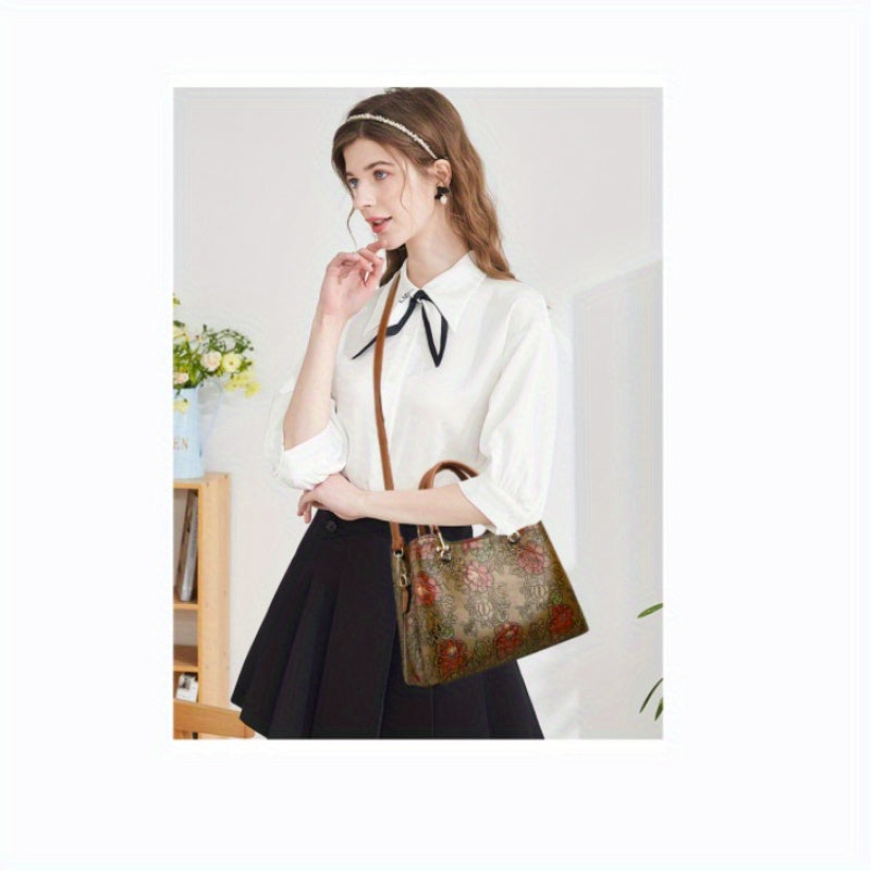 Vintage Flower Pattern Handbag, Luxury Leather Tote Bag, Fashion Crossbody Bag For Women