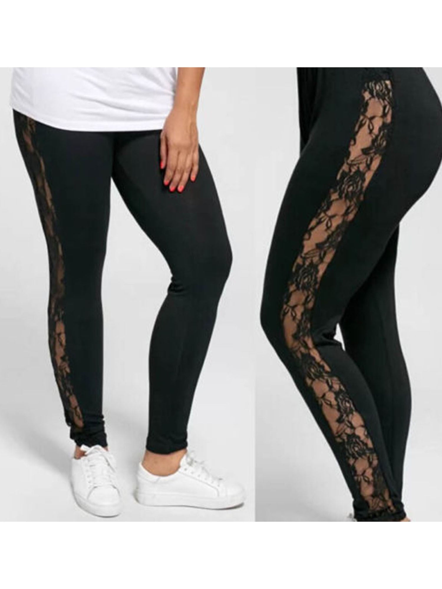 Plus Size Female Holllow Off Lace Leggings, Sexy High Waist Bandage Pants for Indoor or Outdoor Sports