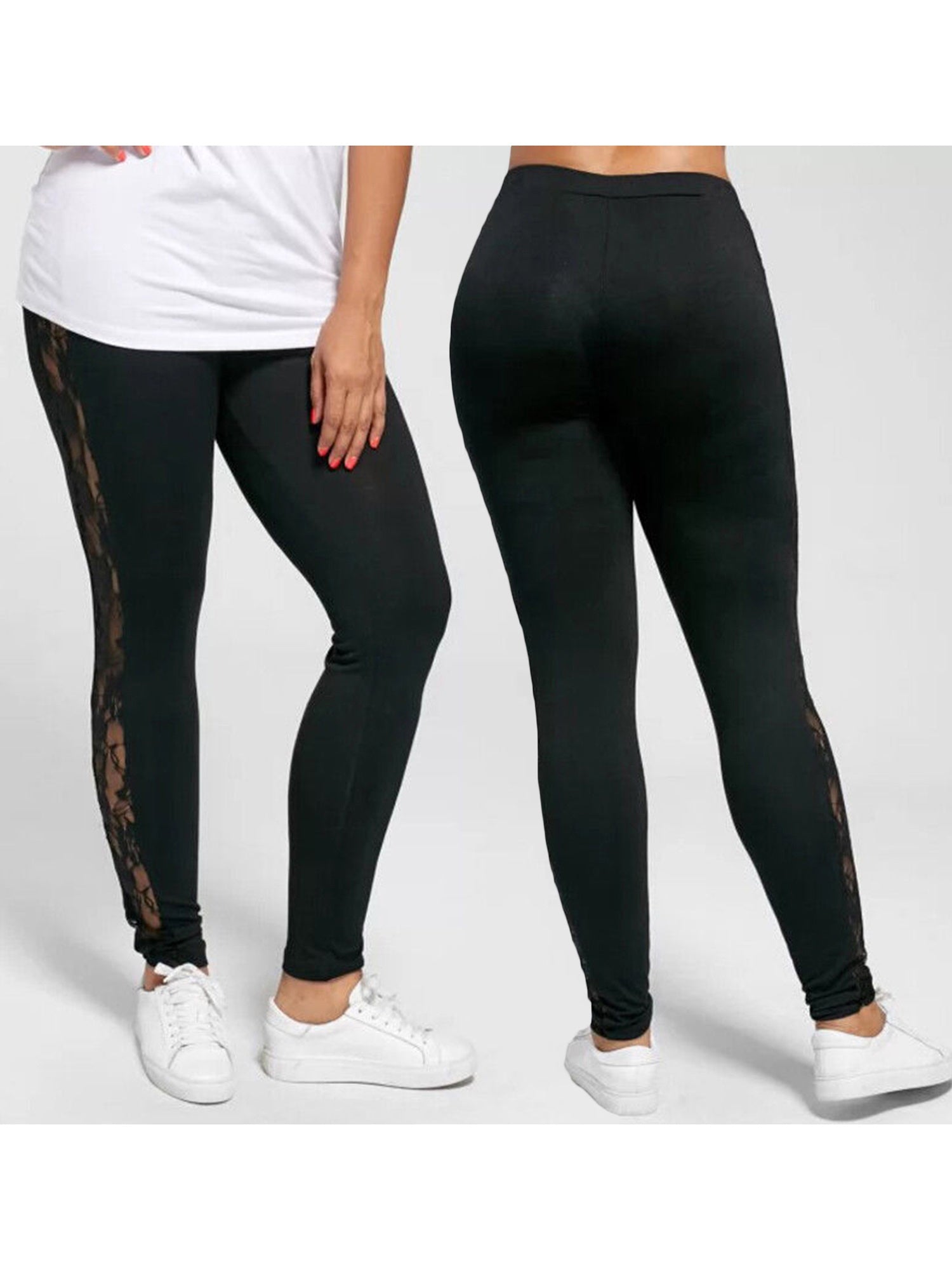 Plus Size Female Holllow Off Lace Leggings, Sexy High Waist Bandage Pants for Indoor or Outdoor Sports