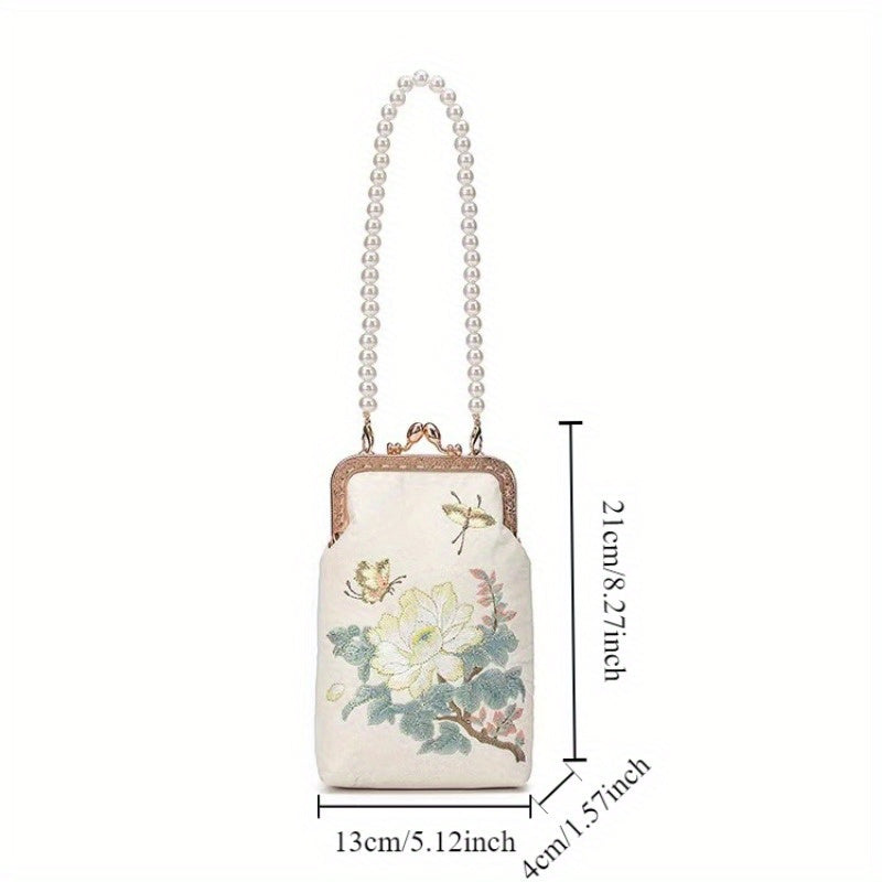 Floral Embroidered Evening Clutch with Pearl Handle, Kiss Lock Closure, Polyester Lining, Occasion Theme Satchel Bag for Banquets