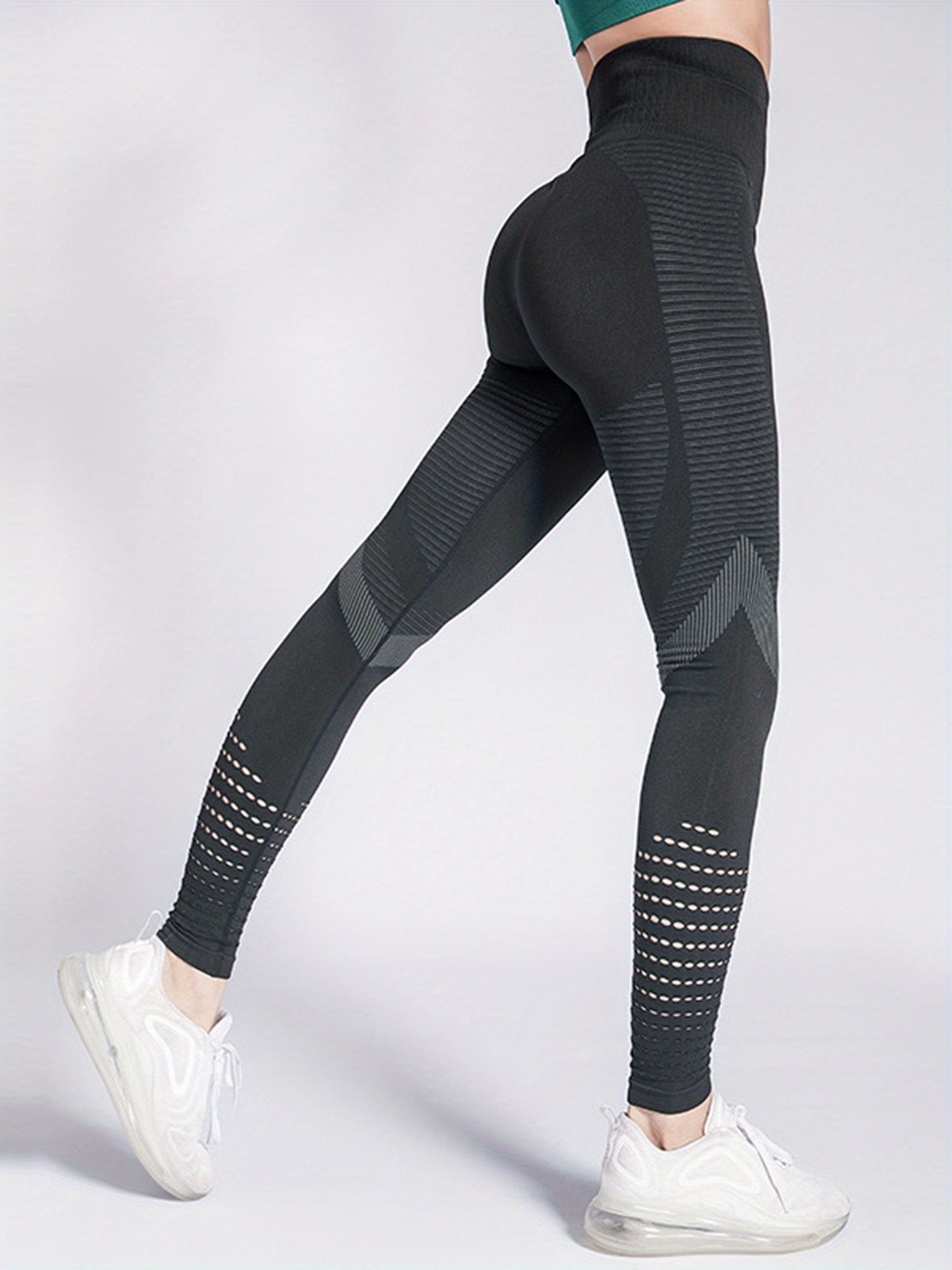 Women Yoga Leggings Breathable Mesh Striped Print Stretch High Waist Workout Pants for Fitness Sport Running Activewear