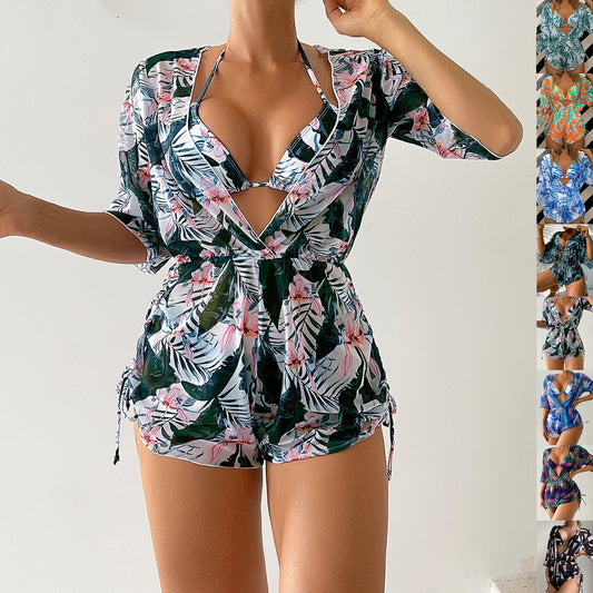 3pcs V-neck Swimsuit Suits Summer Leaf Print Waist-tie Bikini Fashion Long-sleeved Beach Sun-protection Clothing Womens-Aria Doejay