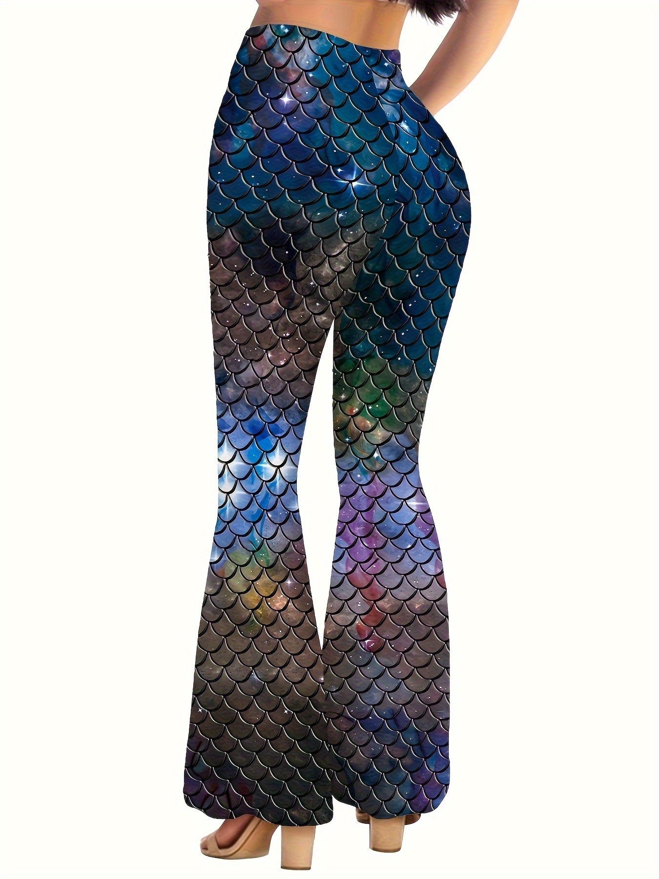 Stylish Mermaid Pants - High Waist, Slim Fit, Flare Leg, Fish Scales Print, Women's Fashion Clothing