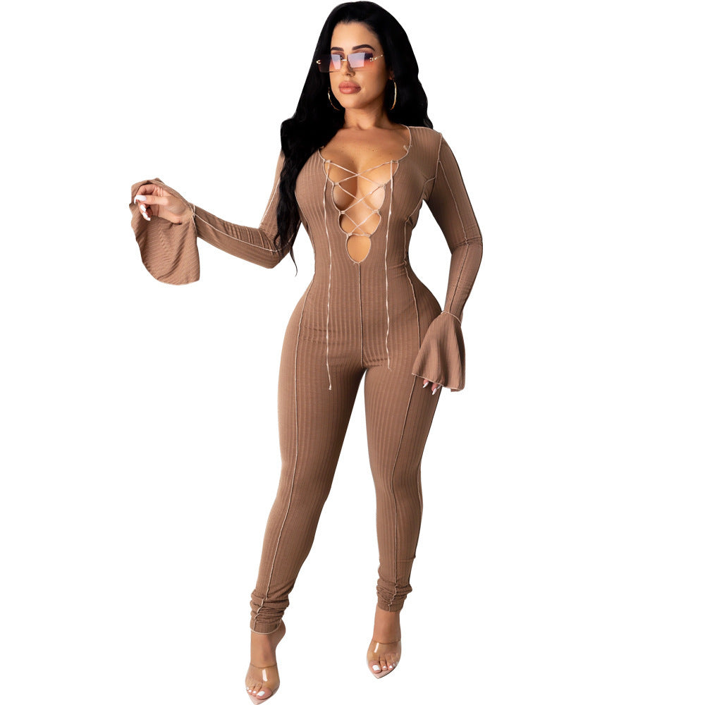 Lace up navel flared sleeve bodysuit-Aria Doejay