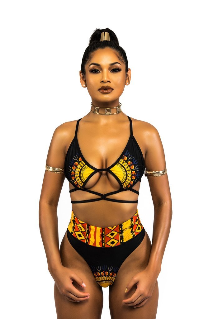 African Print Two-Pieces Bath Suits Bikini Set Sexy Geometric Swimwear Swimsuit Golden High Waist Swimming Suit-Aria Doejay