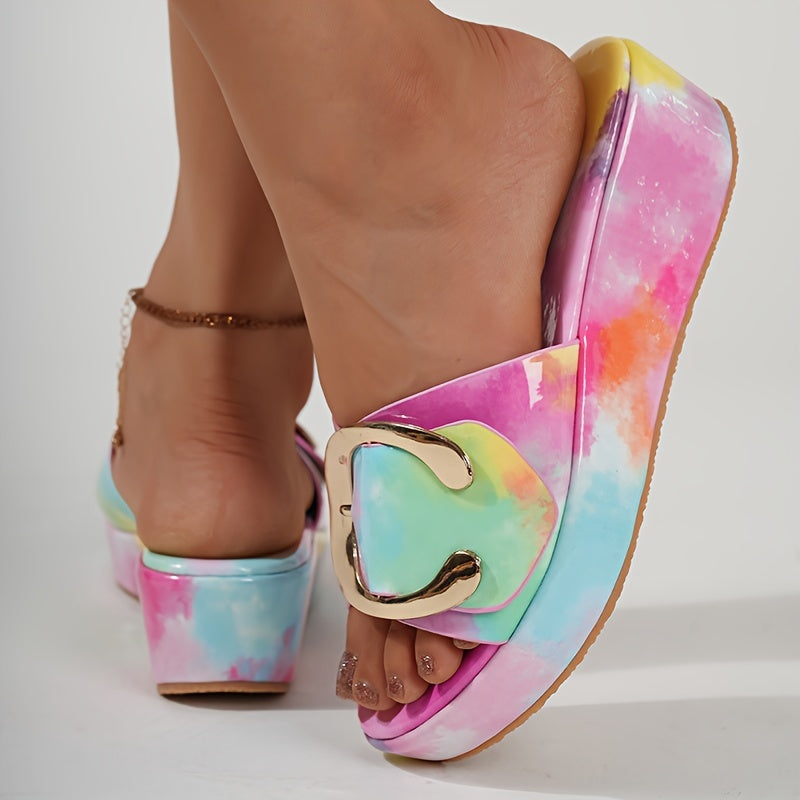 Women's Tie-dye Stylish Sandals, Platform Slip On Soft Sole Wedge Sandals, Comfort Metallic Buckle Shoes