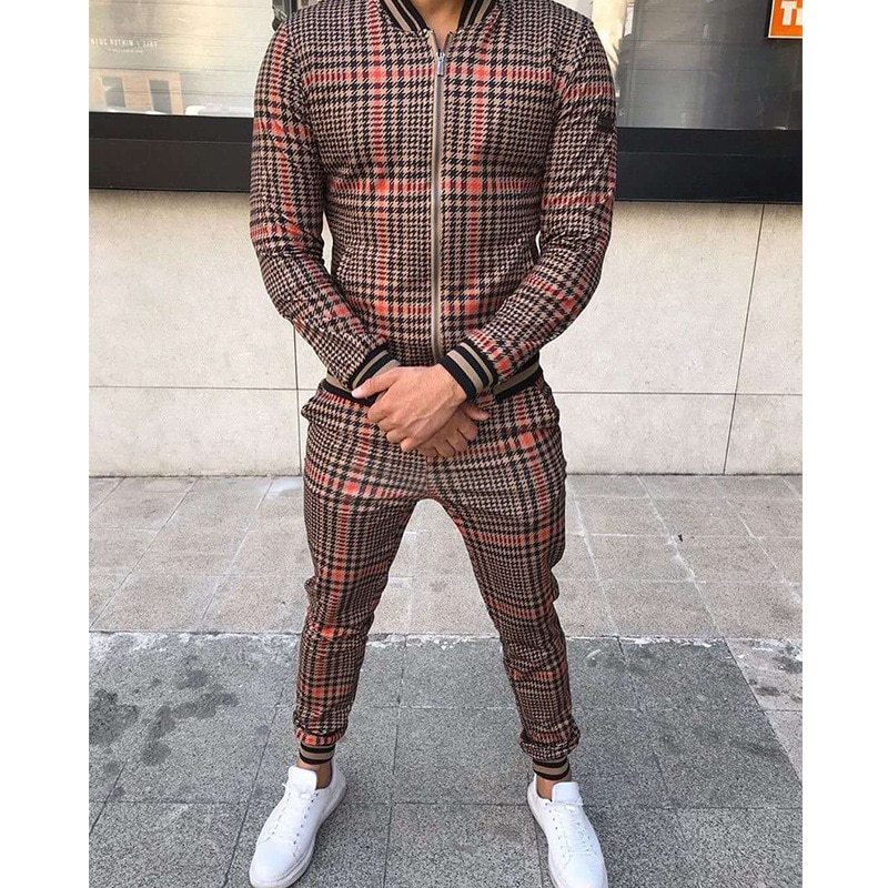 New Men's Leisure Suits Tracksuits Men Grid Two-piece Patchwork Zipper Tracksuits Small leg Trouser Sportswear New Man Sets-Aria Doejay