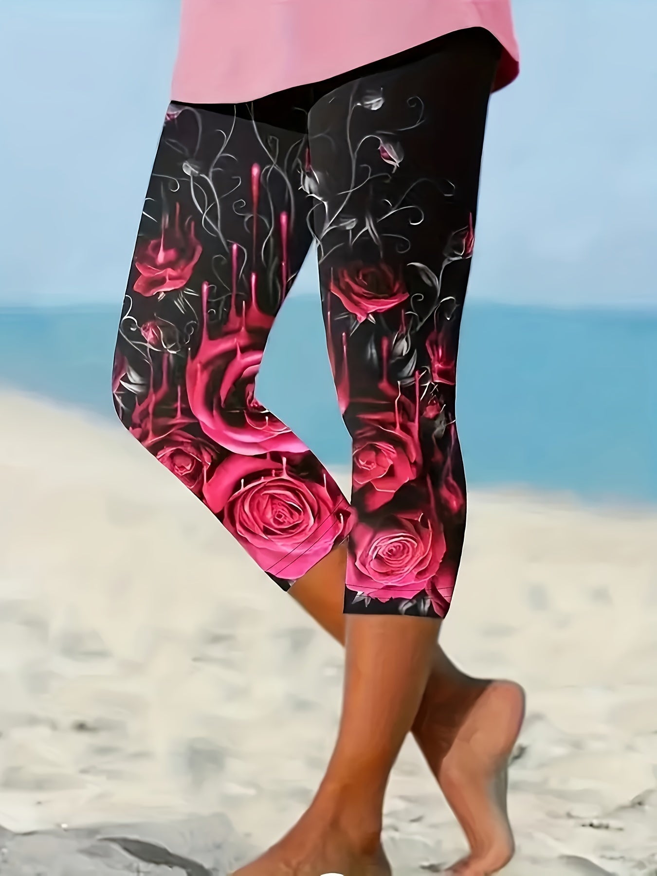 Plus Size Flower Print Capri Leggings, Casual High Waist Stretchy Leggings For Spring & Summer, Women's Plus Size Clothing