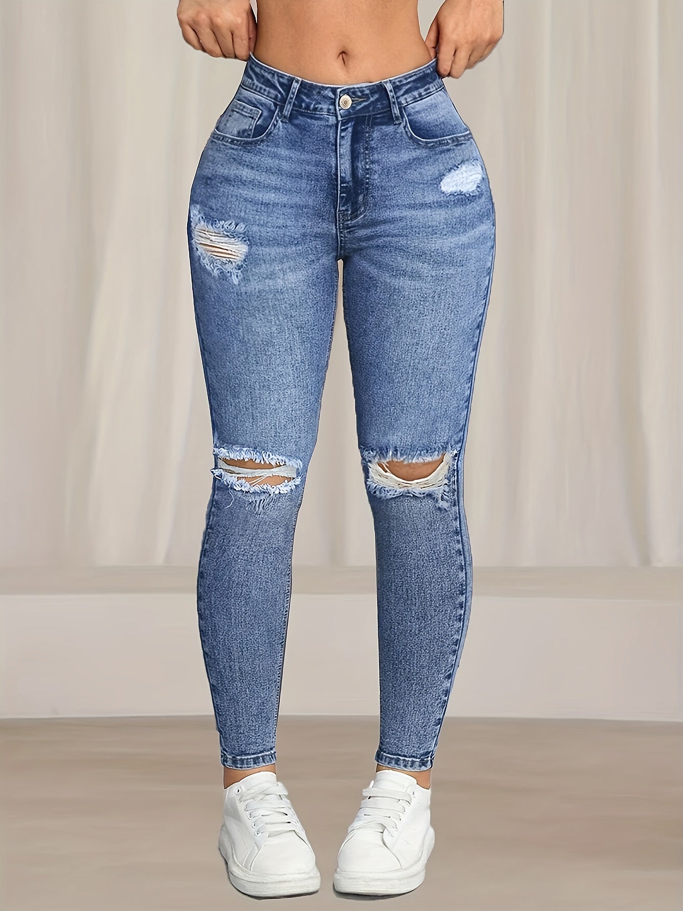 Women's Fashion Ripped Skinny Jeans, Stretchy Denim, Casual Solid Color, Long Length, No Belt, All-Season, Tight Fit, Button Closure, Woven Fabric