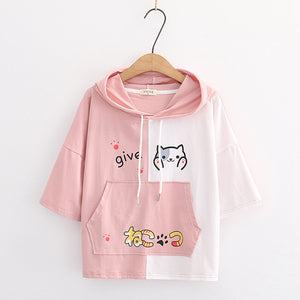 Japanese cartoon print loose hooded short sleeve T-shirt women-Aria Doejay