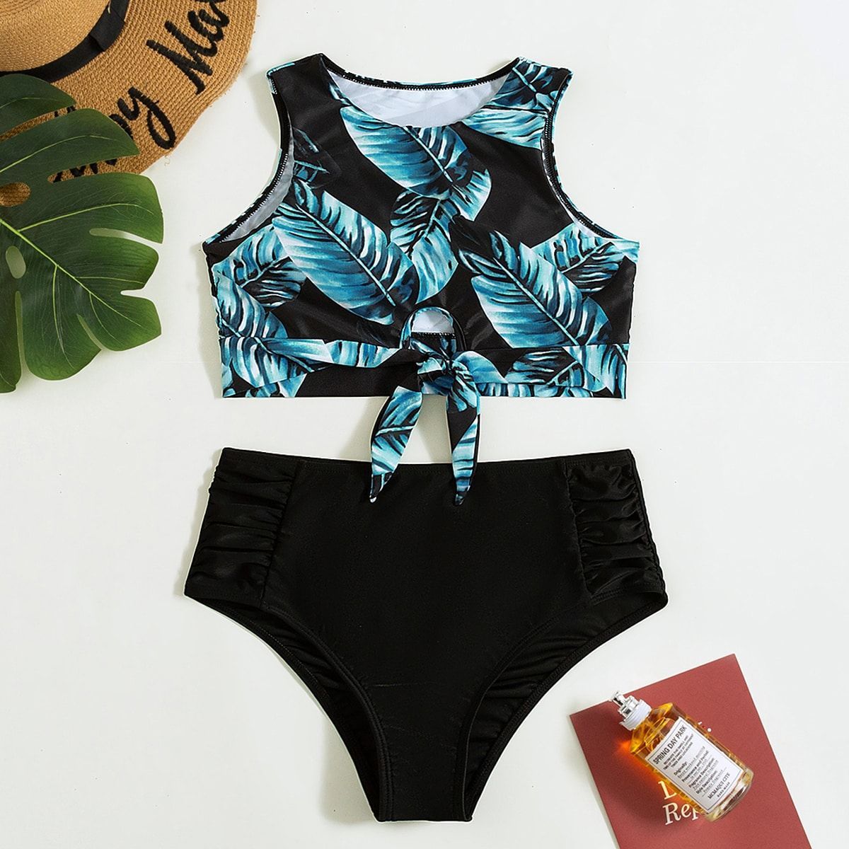 Leaf Print Bikini Women's High Waist Tank Top Split Swimsuit-Aria Doejay