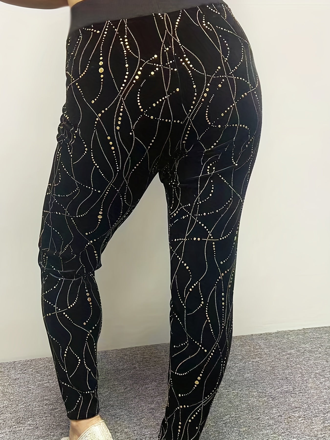 Plus Size Sporty Leggings, Women's Plus Golden Dot Print High Rise Stretchy Skinny Leggings