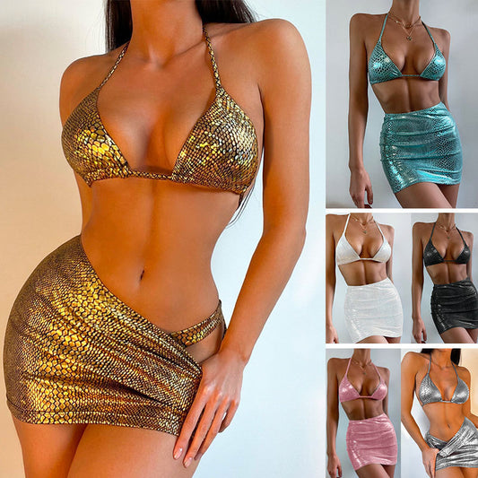 Women's 3 Piece Bathing Suits Halter Snake Pattern Bikini Set With Cover Up Skirt Summer Swimsuit-Aria Doejay