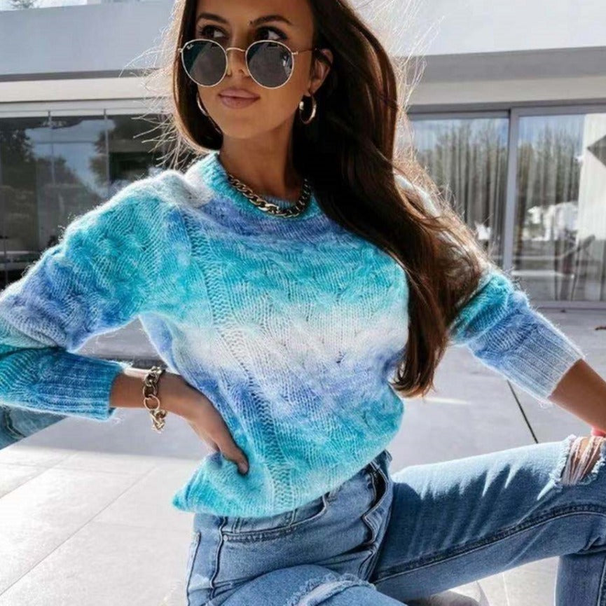 New Arrival Women's Pullover Long-sleeved Round Neck Gradient Rainbow Slim-fit Sweater-Aria Doejay