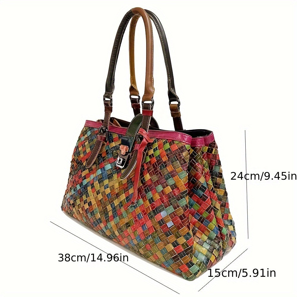 Cross-border Ladies Woven Bag, Genuine Leather Women's Bag, Cowhide Colorful Retro Casual Ethnic Style Women's One-shoulder Hand-worn Crossbody Bag