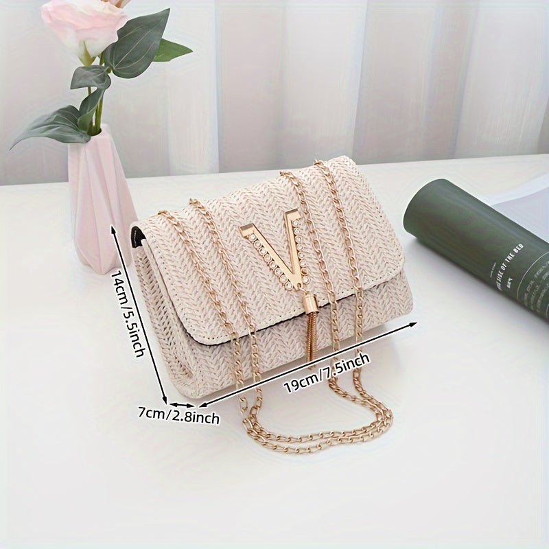 1pc Mini Pearl Decor Crossbody Flap Straw Bag (7.5*2.8*5.5) Inch