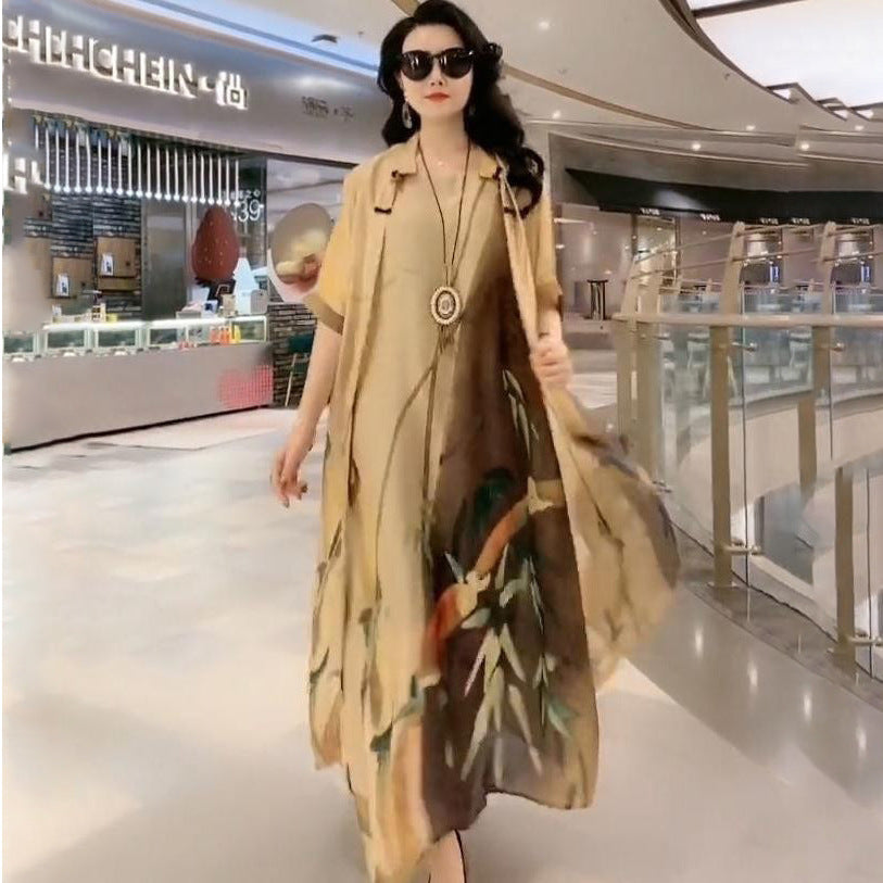 Cross-border New Arrival Artificial Silk Blended Dress Two-piece Loose Suit Printed Skirt-Aria Doejay