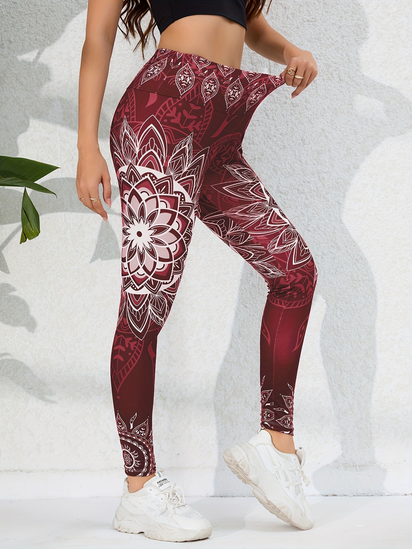 Ink Lotus Graphic Print Two-piece Set, Stylish Printed, Women's Tight-fitting Sports Fitness Leggings