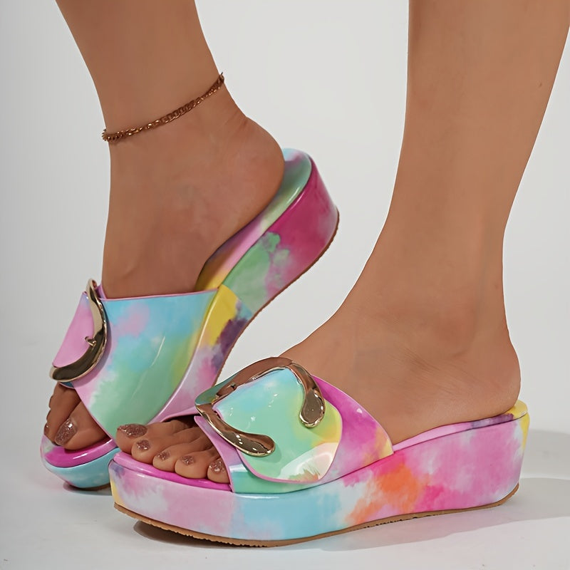 Women's Tie-dye Stylish Sandals, Platform Slip On Soft Sole Wedge Sandals, Comfort Metallic Buckle Shoes