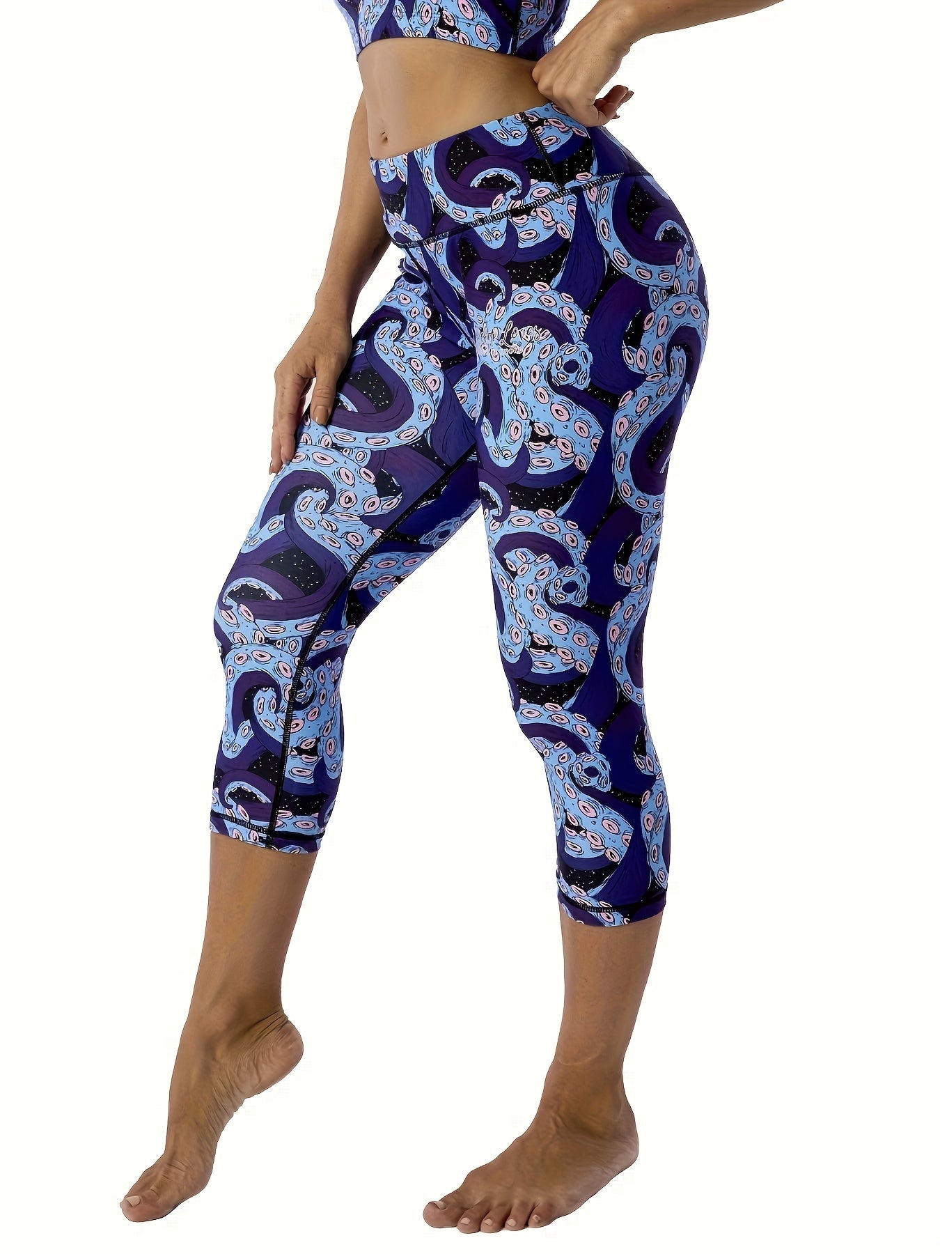 Women's Yoga Capri Pants, Printed Sports Leggings with Tummy Control and Lift, Zipper Pocket, Basic Active Wear, Stretch, Workout, Fitness