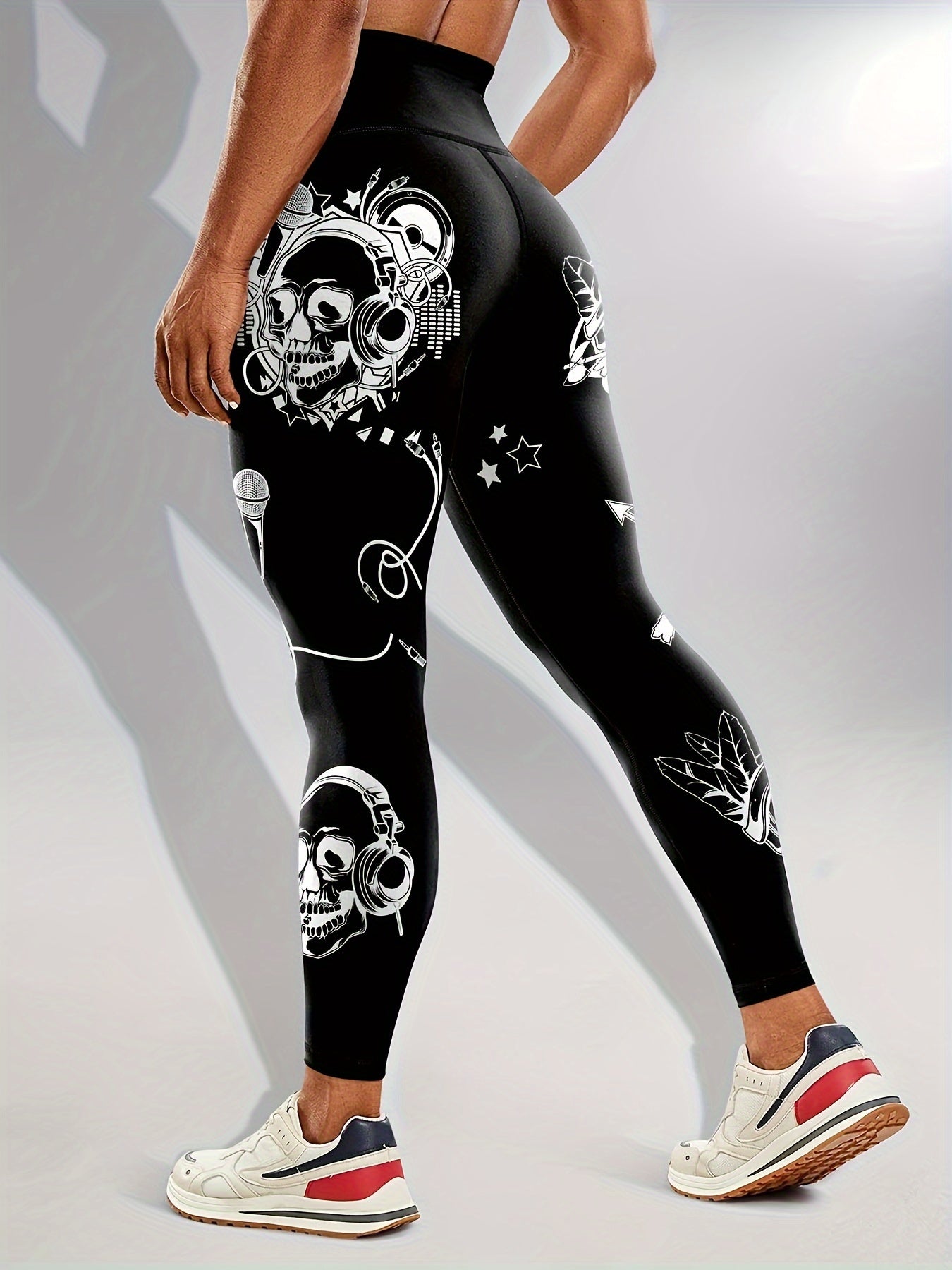 Casual Sportswear Tight Pants, Fluorescent Black Leggings With Glowing Skull, Printed High Waisted Elastic Tummy Control Workout Running Yoga Pants