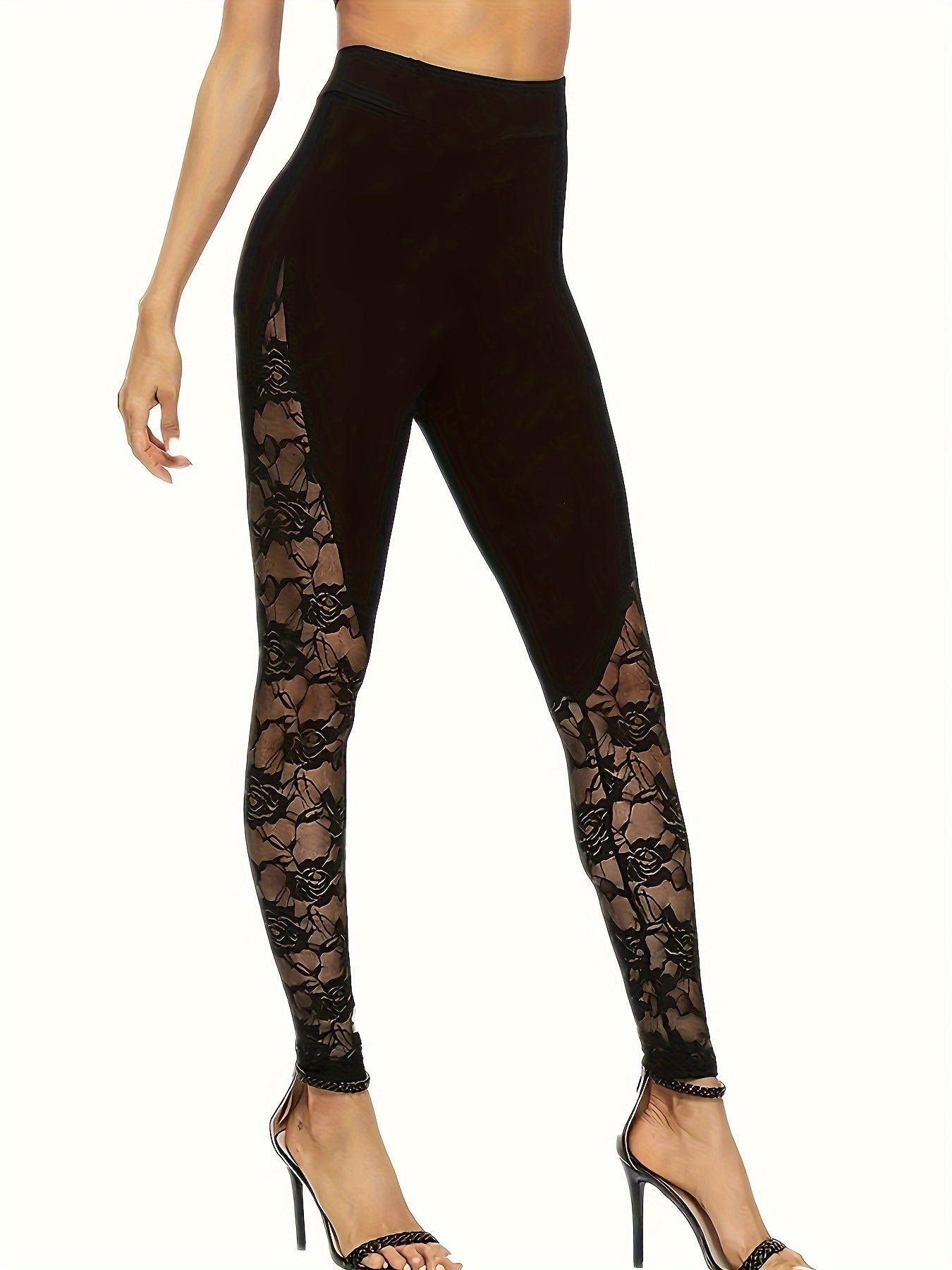 Women's Sexy Leggings, Plus Size Contrast Rose Lace High Rise Medium Stretch Skinny Leggings