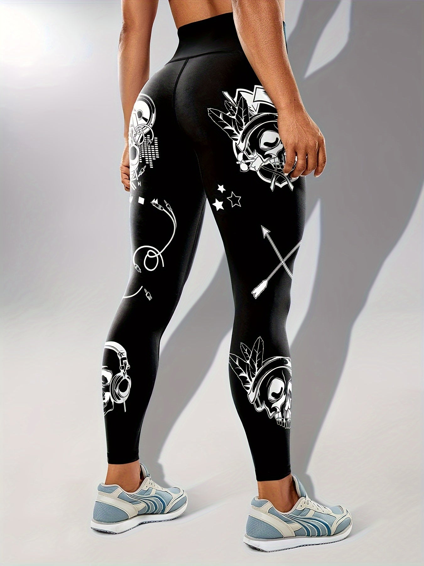 Casual Sportswear Tight Pants, Fluorescent Black Leggings With Glowing Skull, Printed High Waisted Elastic Tummy Control Workout Running Yoga Pants