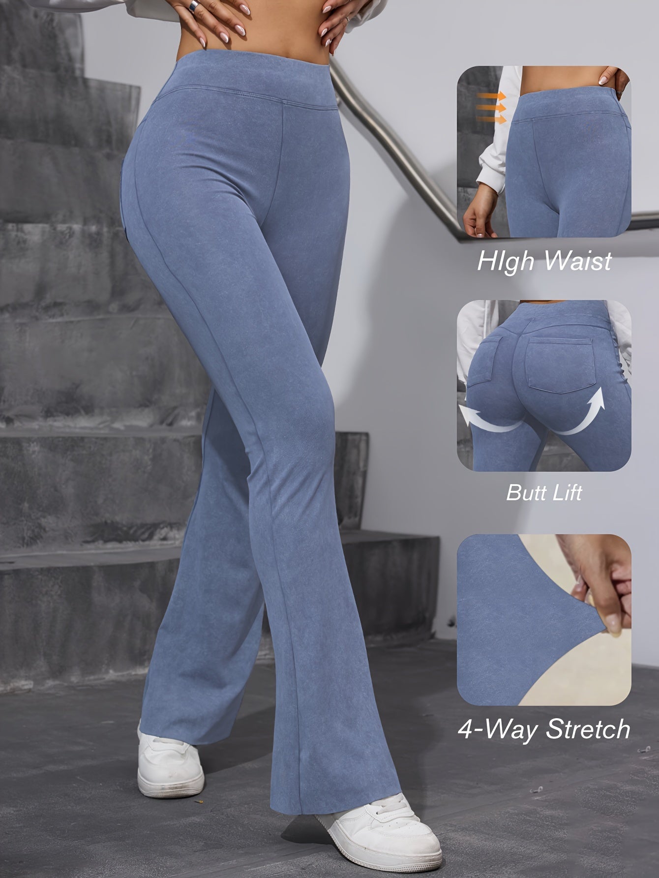 High Waisted Flared Yoga Pants for Women - 92% Polyester 8% Elastane, Sports Style, Medium Stretch Knit Fabric, Solid Color, with Pockets, Skinny Fit Flare Leg, All-Season, Deep Squat Flexibility, Peach Lift Design, Long Length Fitness Trousers