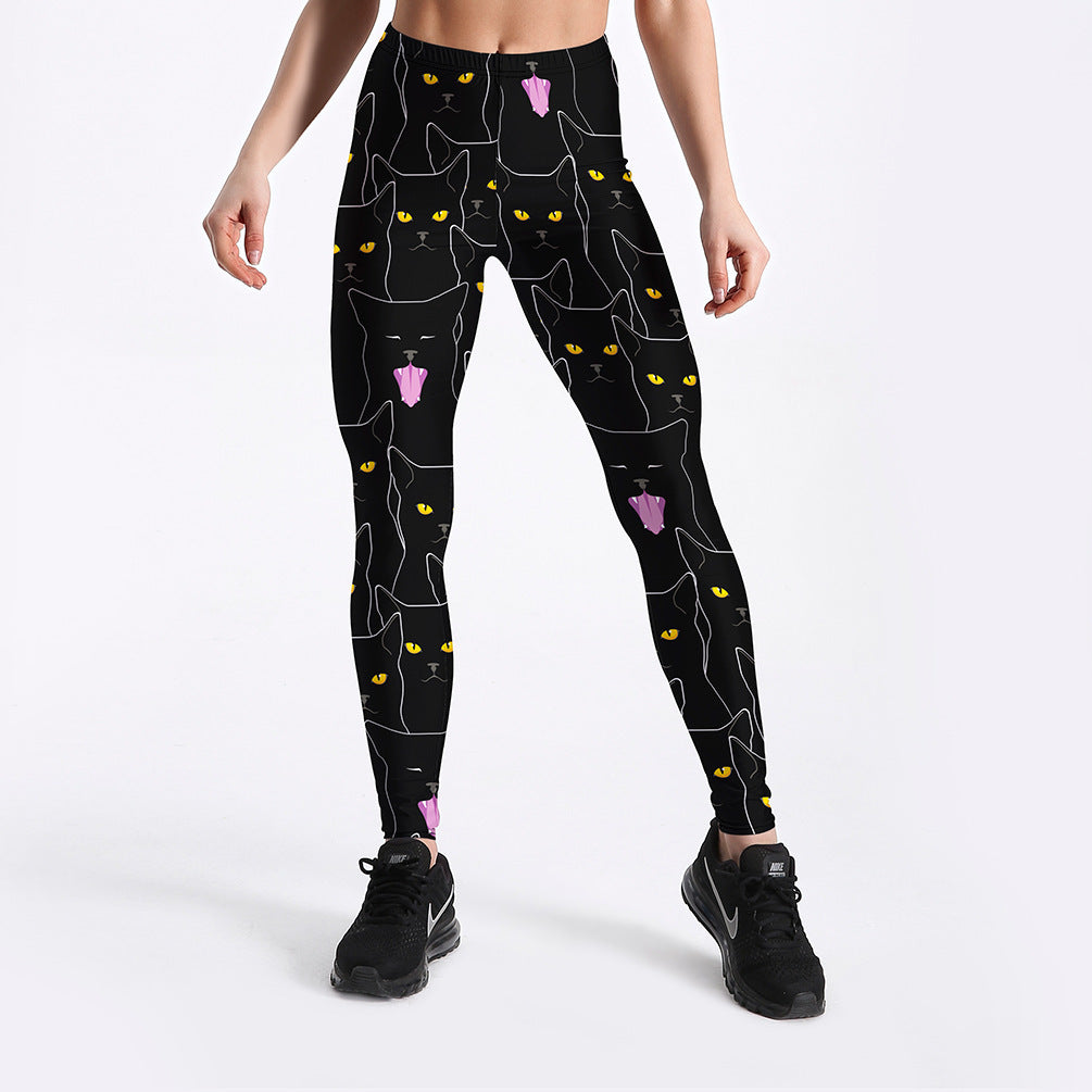 Black cat print women's slim sports leggings-Aria Doejay