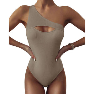 New Bikini Solid Color One-shoulder One-piece Swimsuit Women-Aria Doejay