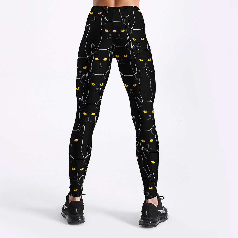 Black cat print women's slim sports leggings-Aria Doejay