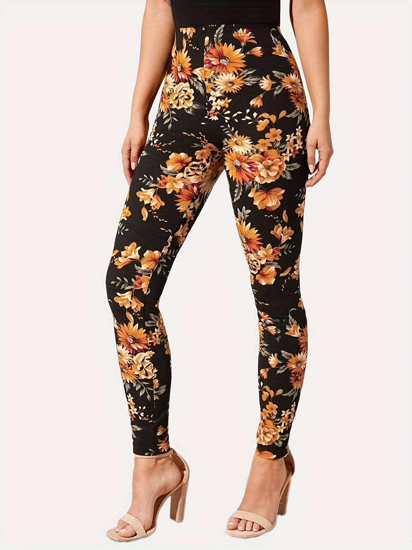 Casual Every Day Stretchy Floral Print Skinny Leggings, Women's Clothing