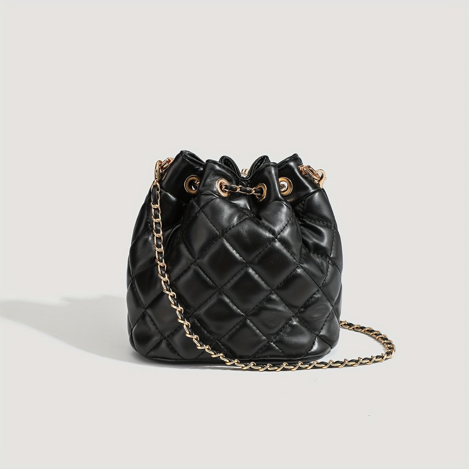 Women's Black Quilted Crossbody Bag with Chain Strap, Vintage Style, PU Leather, Hand Wash Only, Solid Color, Drawstring Closure, Polyester Lining, Faux Leather Trim