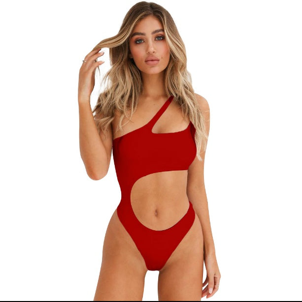 New hollow irregular waist single shoulder solid color wrapped chest bikini one-piece swimsuit female-Aria Doejay