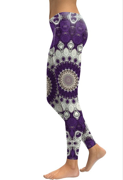 Purple Mandala Flower Yoga Workout Leggings-Aria Doejay