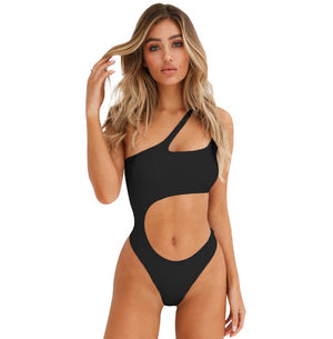 New hollow irregular waist single shoulder solid color wrapped chest bikini one-piece swimsuit female-Aria Doejay