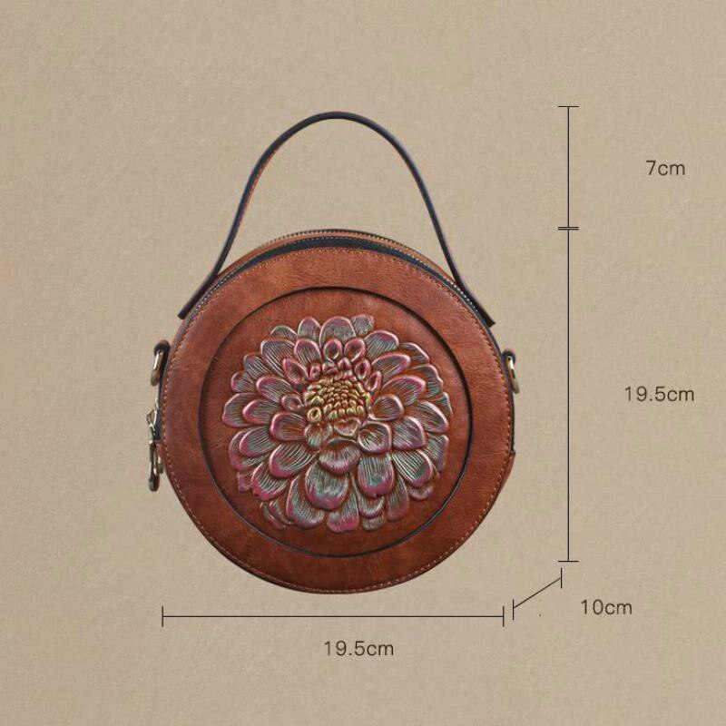 Vintage Embossed Small Round Bag, Shoulder Messenger Bag, Zipper Large-capacity Handbag