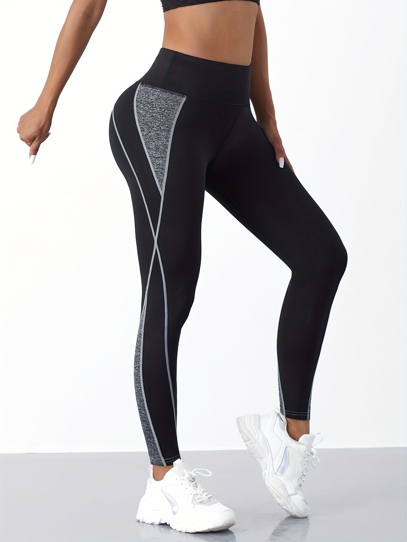 High Waist Tummy Control Yoga Leggings Polyester-Elastane Blend, Sports Style, High Stretch Knit Fabric, Patchwork Design, Cropped Length, Non-Belted, Versatile for Spring/Summer/Fall, Performance Athletic Pants - Adult Crop Sports Pants