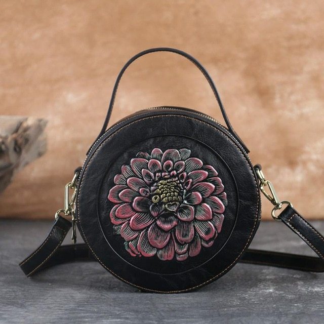 Vintage Embossed Small Round Bag, Shoulder Messenger Bag, Zipper Large-capacity Handbag