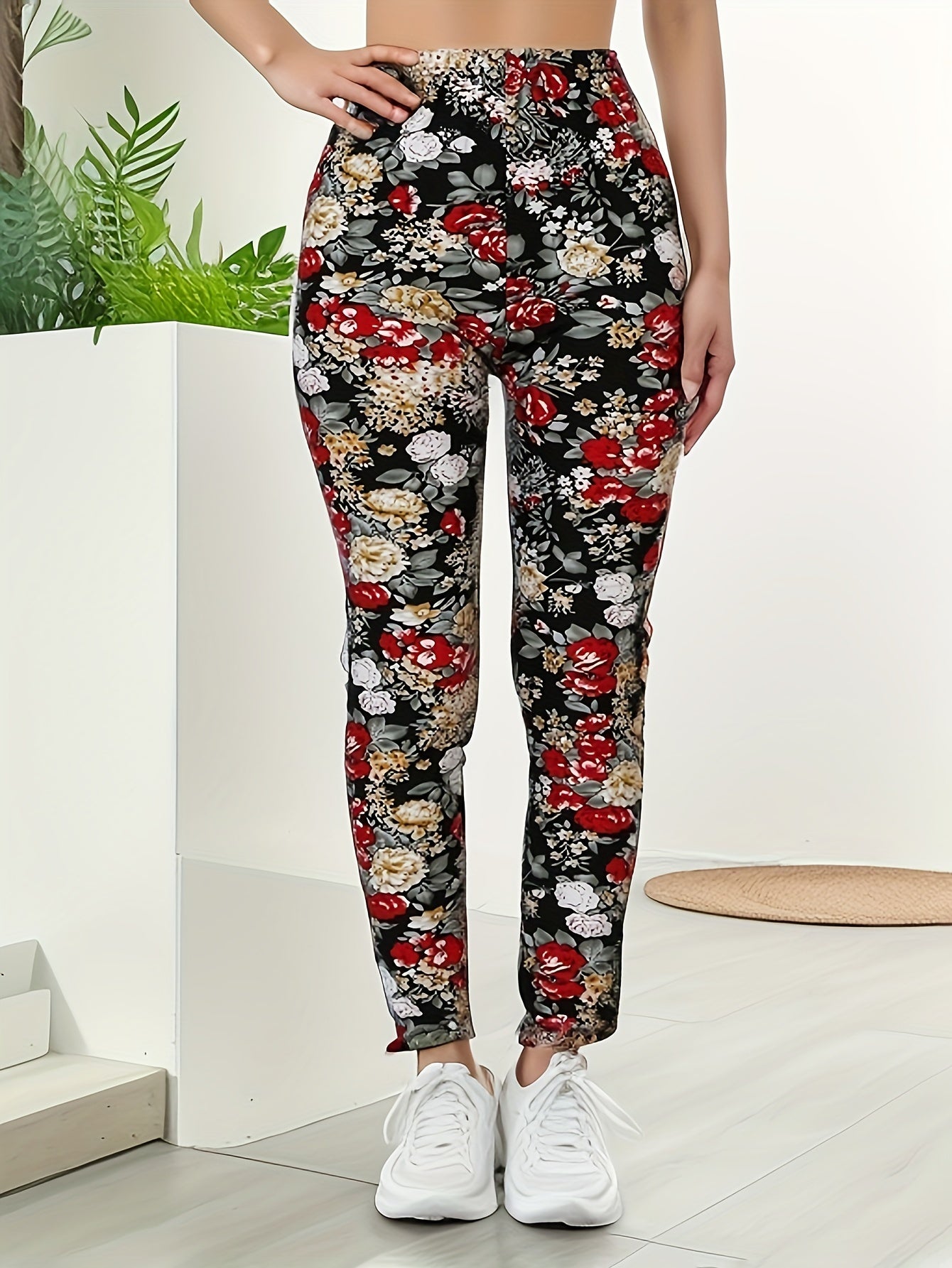 Floral Print Skinny Casual Leggings, Elastic High Waist Stretchy Leggings For Spring & Summer, Women's Clothing