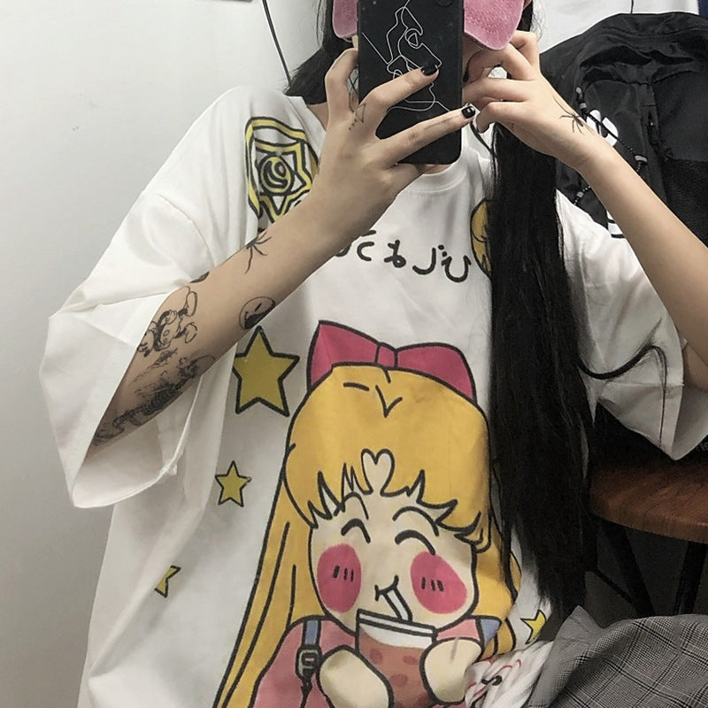 Korean Style Net Red Cartoon Print Short-Sleeved T-shirt-Aria Doejay