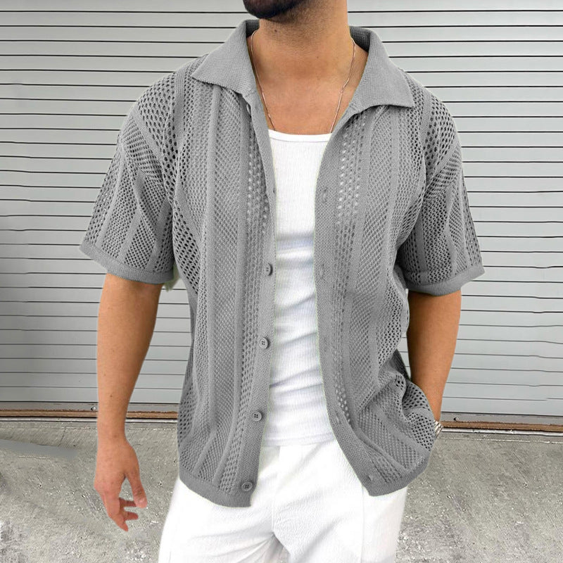 Men's Thin Sweater Lapel Short Sleeve Hollow Cardigan-Aria Doejay