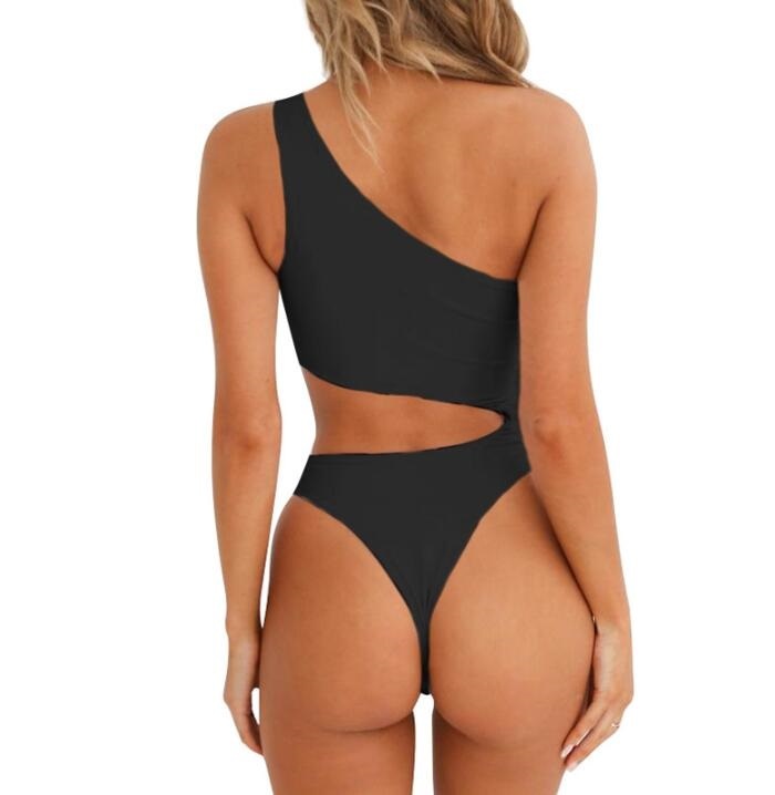 New hollow irregular waist single shoulder solid color wrapped chest bikini one-piece swimsuit female-Aria Doejay